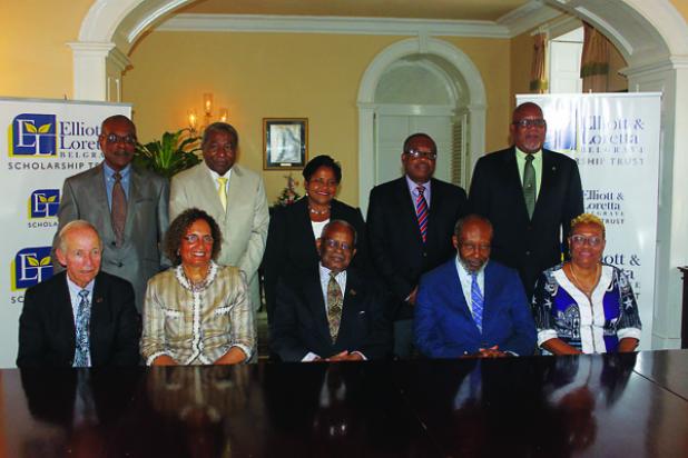 Governor General, His Excellency Sir Elliott Belgrave (centre) seated with Elliott and Loretta Belgrave Scholarship Trust’s trustees and committees members following the launch.