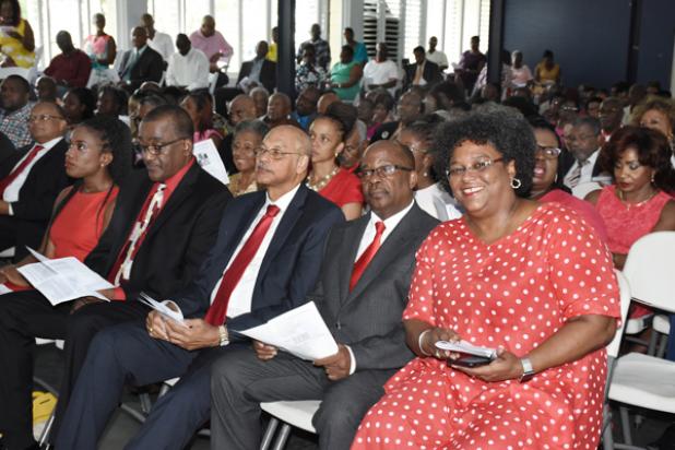 Barbados Labour Party’s (BLP) Opposition Leader Mia Mottley (right) sitting with her party members, (from right) Chairman of BLP, George Payne, Members of Parliament, Ronald Toppin, Lt. Col. Jeffrey Bostic, BLP’s candidate for St. Michael South Central Marsha Caddle. 