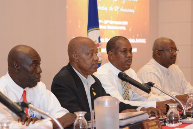 The Business Session of the 11th Biennial Delegates’ Conference of the Congress of Trade Unions and Staff Associations (CTUSAB) was held at Savannah Beach hotel yesterday. From left: CTUSAB General Secretary Dennis de Peiza; President, Cedric Murrell; 1st Vice-President, Pedro Shepherd; and 3rd Vice-President, Grantley Greene.