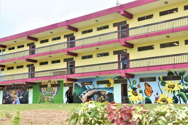 The beautifully painted murals that now adorn the exterior walls of one of the blocks at the Grantley Adams Memorial School. 