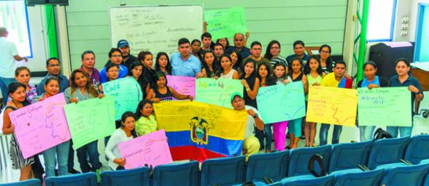 The 50 Ecuadorian Students as they pled for help from Barbados to help them in their efforts to assist their country, which was devastated by a massive earthquake over the weekend.