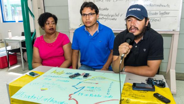 (From right) Students Diego Morisillo, Henry Guatemal and co-ordinator of the English as a Second Language Course, Sonia Johnson, while speaking to the media in LT3 of the Cave Hill Campus yesterday.