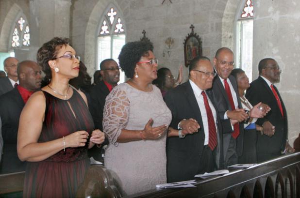 FROM LEFT: Independent Christ Church MP Dr. Maria Agard; Opposition Leader Mia Mottley; Senator Jerome Walcott; St James Central MP Kerrie Symmonds; St. Thomas MP Cynthia Forde; and City of Bridgetown MP Lt Col Jeffrey Bostic during the Barbados Labour Party’s 78th Anniversary Service at St. Patrick’s Roman Catholic Church, Bay Street.  