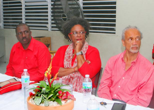 Opposition leader Mia Mottley is flanked by the two nominees for the St. Michael Central nod, Hally Haynes (left) and Arthur Holder (right). Holder emerged victorious.