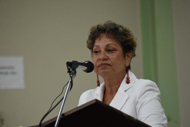 President of the Barbados Secondary Teachers’ Union, Mary Ann Redman addressing members yesterday. 