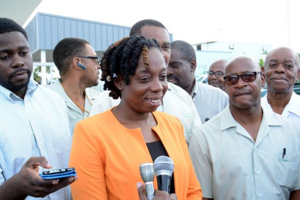 Barbados Workers’ Union (BWU) General Secretary, Toni Moore, speaking to the media after a meeting with workers of the Barbados Water Authority yesterday morning. 