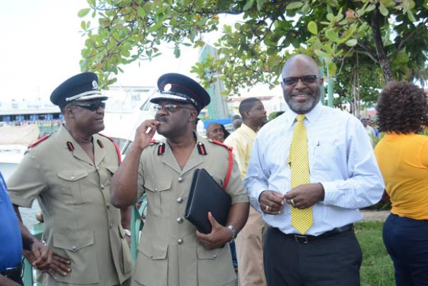 Keeping a close eye on the proceedings were (from left), Acting Deputy Chief Fire Officer, Llyodson Phillips; Acting Chief Fire Officer, Errol Maynard and Attorney General, Adriel Brathwaite.