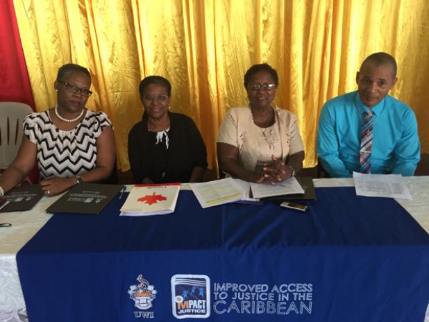 (from left) Deputy Chief Education Officer, Joy Adamson; Senior Development Officer of the High Commission of Canada, Michele Gibson; Lecturer at UWI and Regional Project Director of the IMPACT Justice Project, Professor Velma Newton and Parkinson Principal, Ian Holder, yesterday morning at the launch.