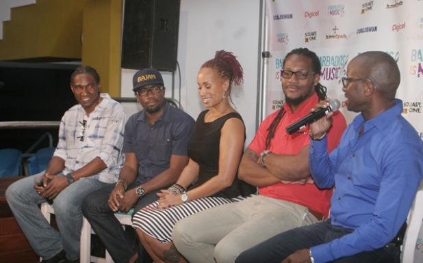 (L-R) Krosfyah, Coalishun and Square One are the bands of attraction on the night. Representing Krosfyah was Michael Agard, Adrian Clarke represented Coalishun, and Alison Hinds Square One. Joined with them were Digicel Marketing Manager, Mark Messiah and Committee Member of Barbados is Music, Shawn Franklin.