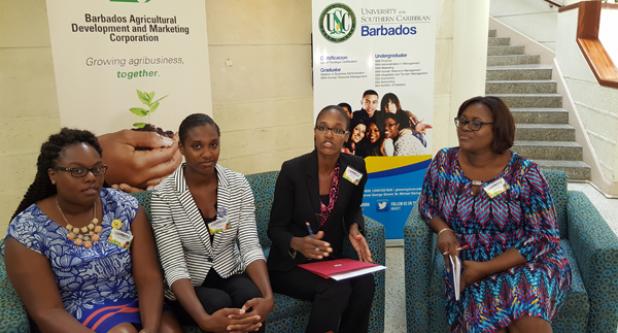 Ann-Marie King (right), Divisional Head of Agri-business at the Barbados Agricultural Development and Marketing Co-operation, in talks with Attorney-at-Law, Susan Sealy (second from right), of the Genesis Law Chambers, which hosted the BFLI conference; Dr. Cheryl Rock (second from left), Assistant Professor of Food Science and Nutrition at the California State University, USA and Dr. Shannon Coleman, Assistant Professor of Food Science and Human Nutrition at the Iowa State University, USA.