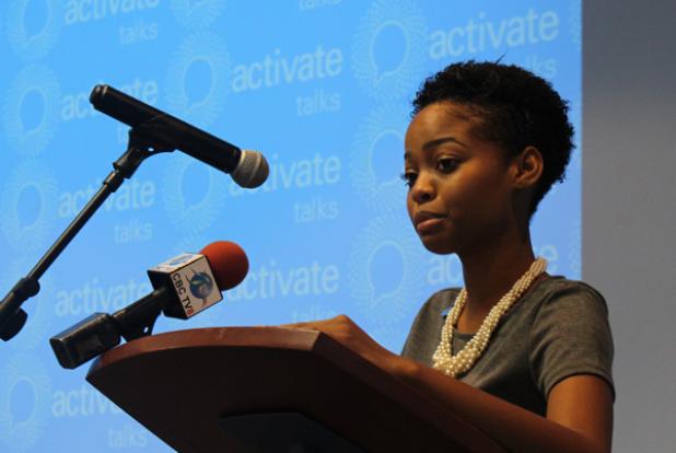 Barbados Community College (BCC) student Krystal Hoyte speaking during the Activate Talk session, held recently at the UN House.