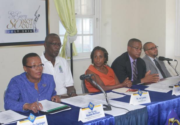 Senator Maxine McClean speaking to the media about ‘Sir Garry: 80 Not Out Season of Celebration’. To her left, President of the Barbados Cricket Association, Joel Garner; Alison Sealy-Smith, representative of the NCF; Alex Tasker, Senior Vice President of Marketing and Business Development ICBL and Neville Boxill, Senior Director Support Services of Barbados Tourism Marketing Inc.