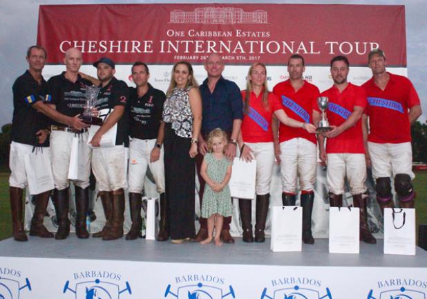 One Caribbean Estates Vice President, Dominique Silvera; and Chief Executive Officer, Richard Hudson; are flanked by Team Barbados: Harry Manning, Jamie Dickson, Adam Deane and Teddy Williams (left to right); with the Cheshire Trophy and Team Cheshire: Lucy Taylor, Johnny Coddington, Will Padden and Oliver Taylor (left to right), with the Mickey Hutchinson Trophy after Sunday’s final. 