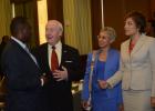 (L-R) Minister of Industry, International Business, Commerce, and Small Business Development, Donville Inniss greets Chairman of BIBA (Canada), Dr. Thomas Sears; Partner at the law firm Clarke Gittens Farmer, Attorney-at-law Gillian Clarke; and Managing Director of Tricor Caribbean, Connie Smith, after the ISM launch yesterday at the Hilton. 