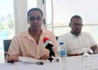 Barbados’ Ambassador to the CARICOM, David Commissiong addressing the presentation at Sea Breeze Beach House on Friday while Executive Director of CDEMA, Ronald Jackson listens on.