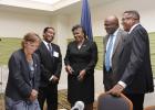 (From left) High Commissioner of the Canadian Embassy in Barbados, Marie Legault, shares a light moment with Director of Public Prosecutions Charles Clifton Leacock, Chief Justice (Ag) Sandra Mason, Attorney General Adriel Brathwaite and OAS Representative, Francis McBarnette, at the end of the opening ceremony for the Anti-Money Laundering Workshop for Judges and Prosecutors, which officially began yesterday.