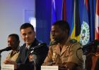 Host Nation Co-Director for Phase one of the Exercise TRADEWINDS 2017, Major Carlos Lovell (right), speaking during yesterday’s launch, as Chief of the Office of Security Co-operation in the United States Military Liason Office, Lieutenant Colonel Jorge Jaramillo (centre), and Assistant Commissioner of Police, William Yearwood, look on.