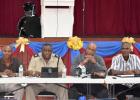 From left: Assistant Superintendent, Richard Boyce; Divisional Commander of the Northern Division, Superintendent, Bruce Rowe; Senior Superintendent of Police, Eucklyn Thompson; and Station Sergeant District ‘F’ Police Station, Jonathan Seale, during the Town Hall meeting held at Alleyne School.